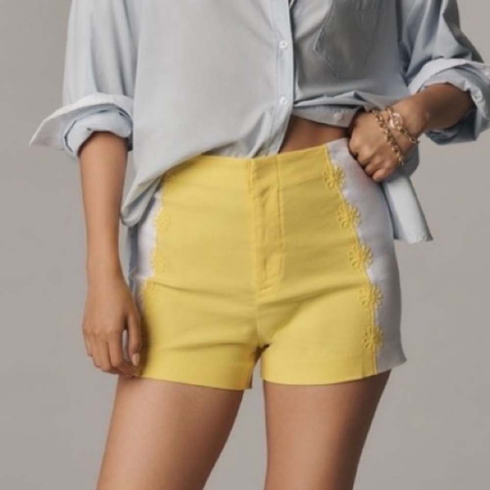 🟠NWT MAEVE by ANTHROPOLOGIE Surf City Linen Blend Embellished Shorts in Lemon